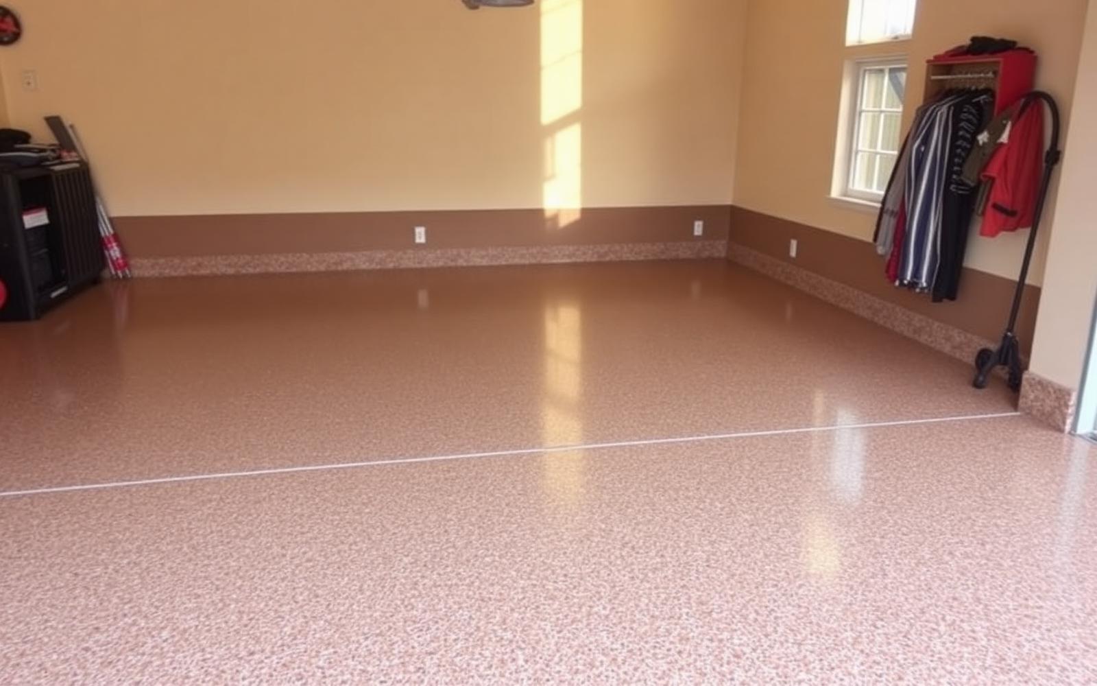 Finished tan and brown flake epoxy garage floor with coved wall base in a Myrtle Beach, SC home