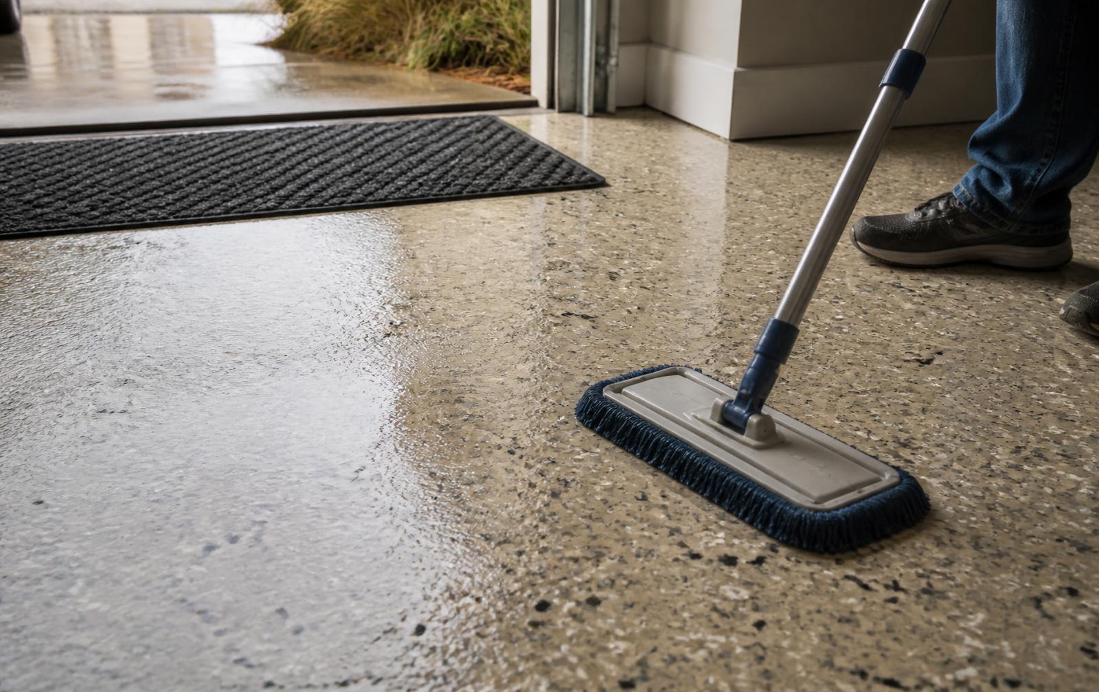 Damp-mopping a flake epoxy garage floor to remove coastal salt residue and sand near an entry mat
