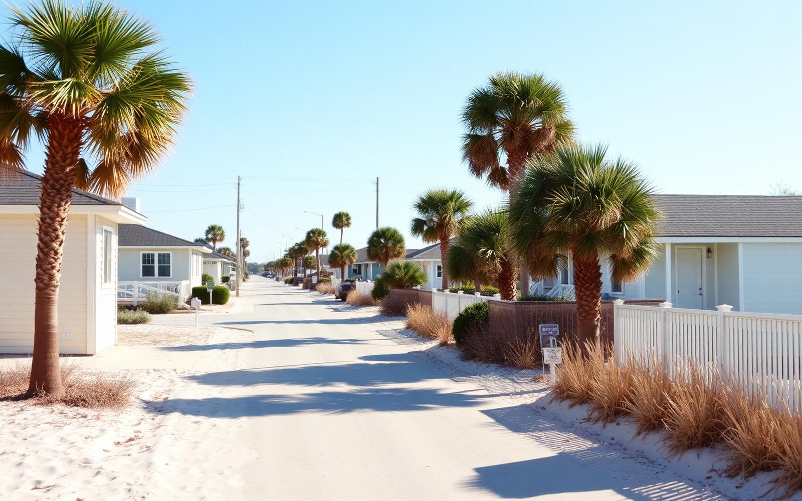One-story coastal cottages and palmettos along a sandy street in Atlantic Beach, SC