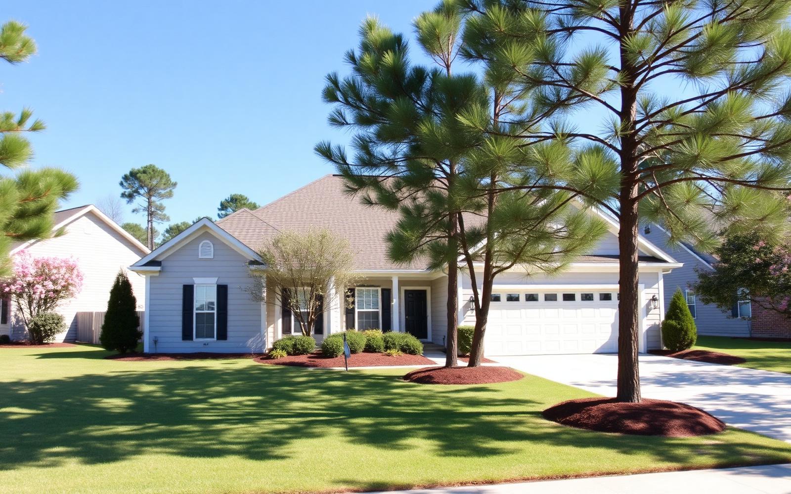 Single-story home with a two-car garage and wide driveway on a Forestbrook, SC street