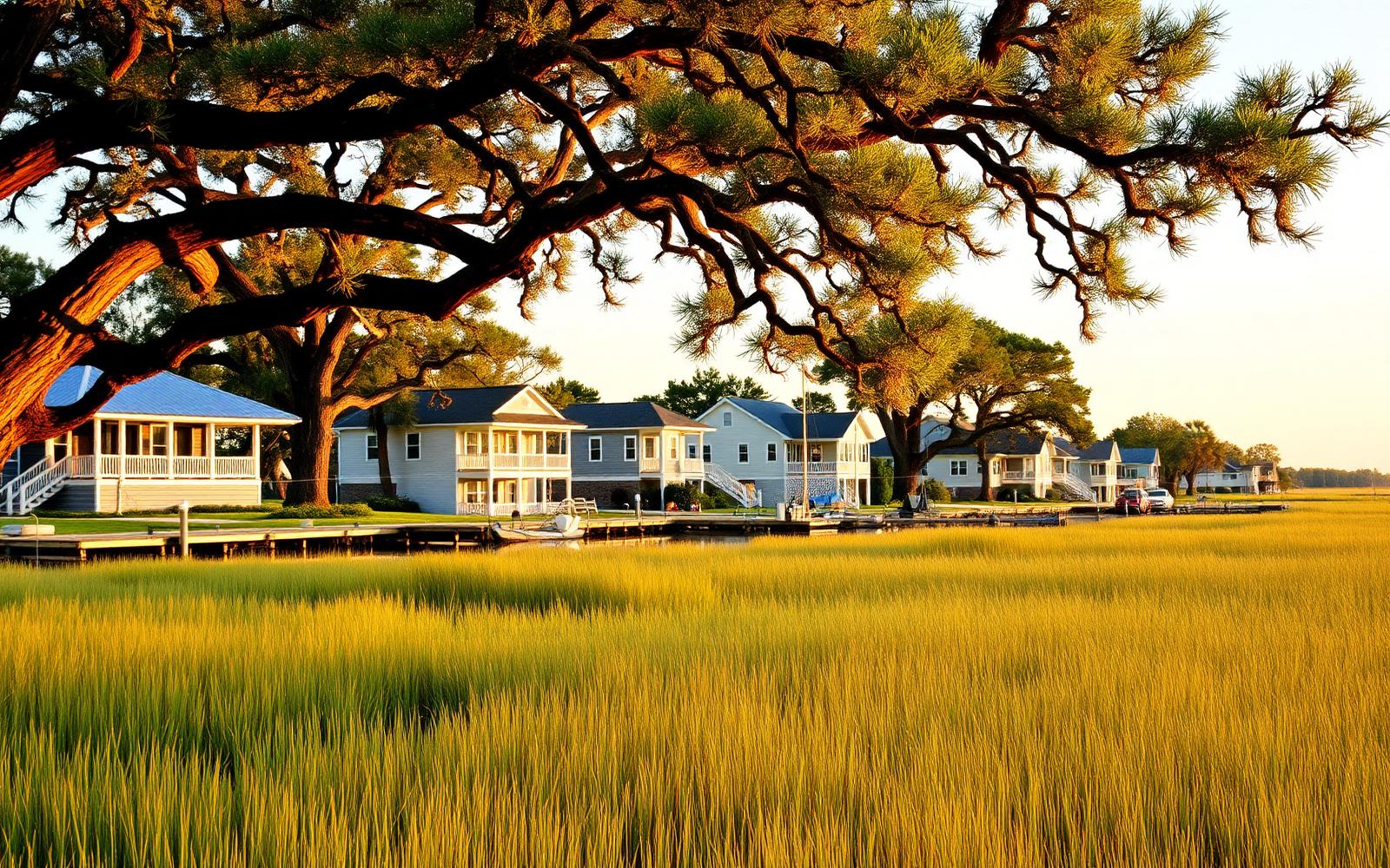 Low-country homes and docks along the salt marsh in Murrells Inlet, SC