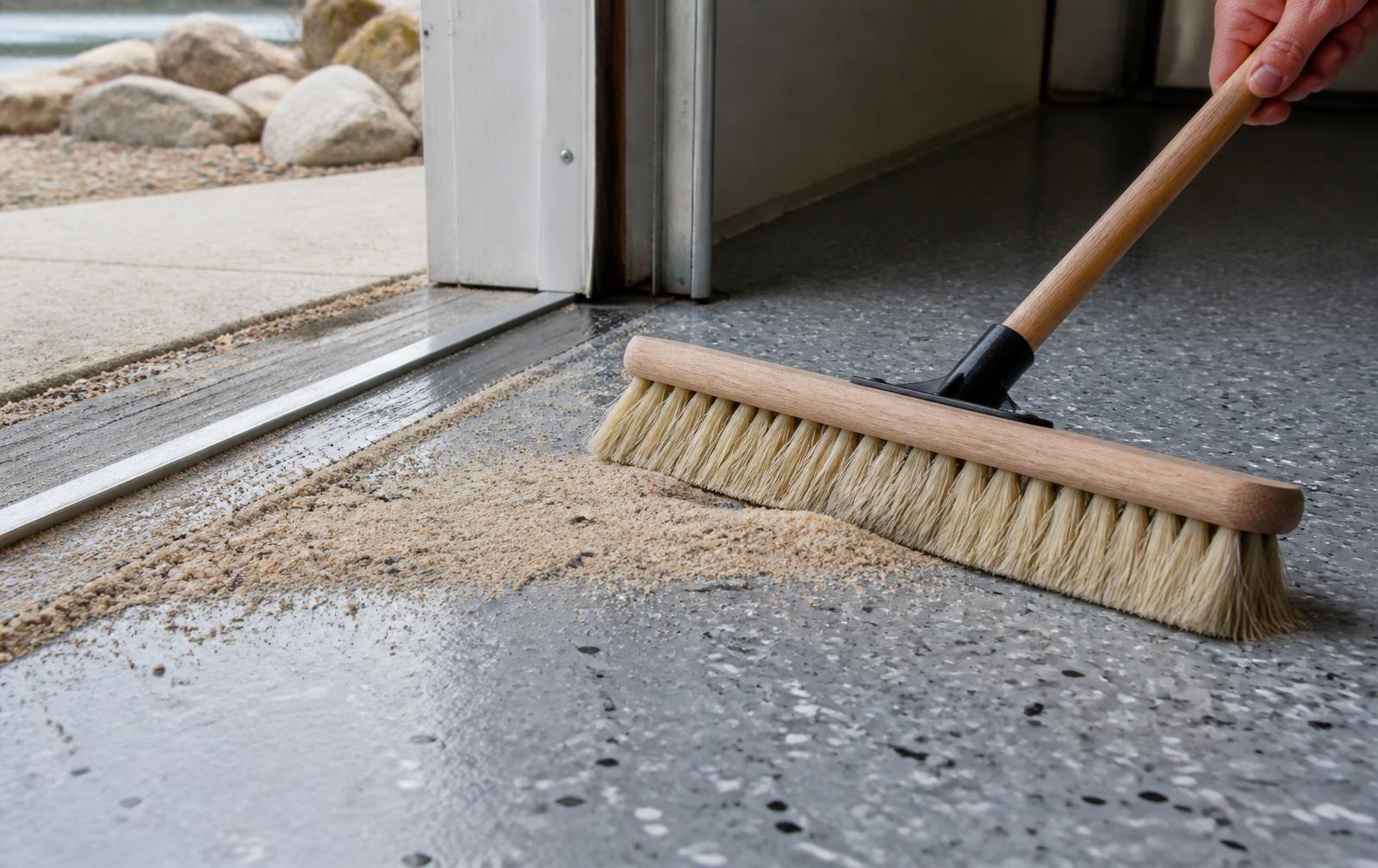 Soft-bristle broom sweeping beach sand from a finished flake epoxy garage floor in North Myrtle Beach