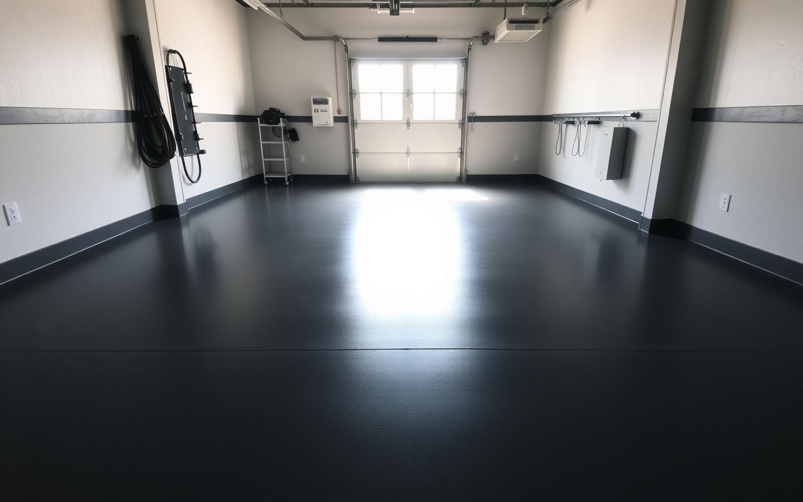 Finished glossy charcoal polyaspartic garage floor in a clean coastal Myrtle Beach, SC garage