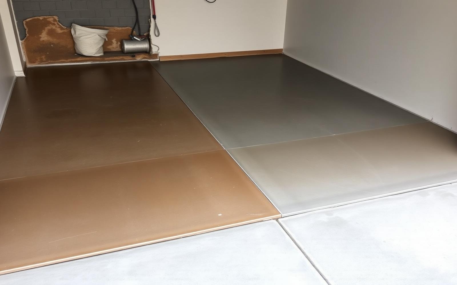 Garage slab half stripped of an old failing coating and half clean bare concrete