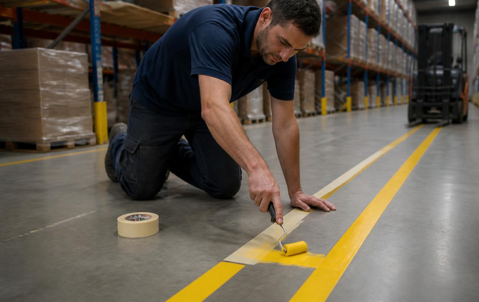 Installer applying yellow safety striping to a warehouse epoxy floor beside pallet racking
