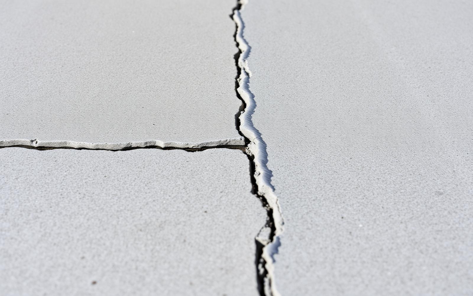 Concrete slab with a routed crack filled flush with gray polymer repair material