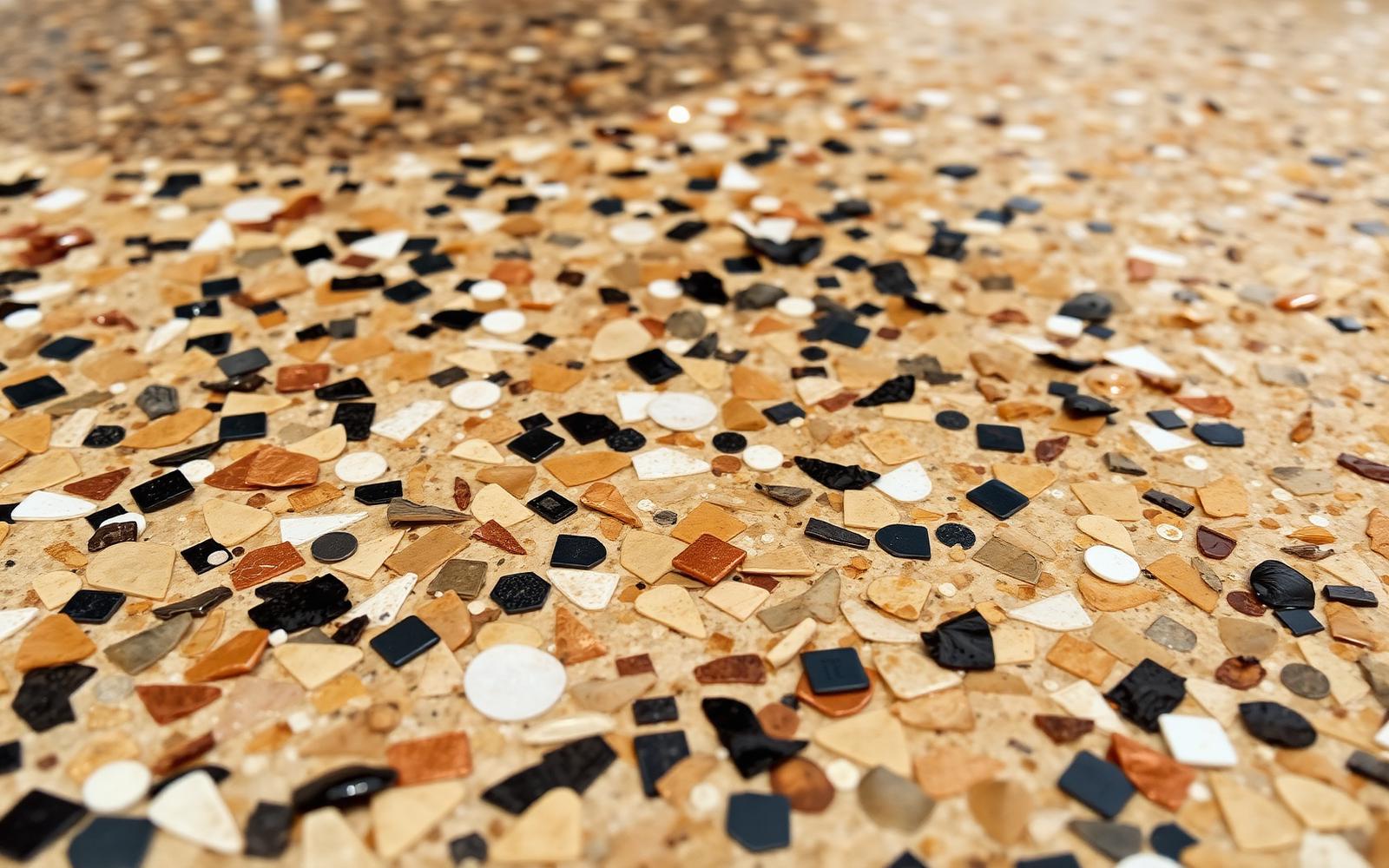 Close-up of a decorative flake blend in beige, black, and copper chips under a glossy clear coat