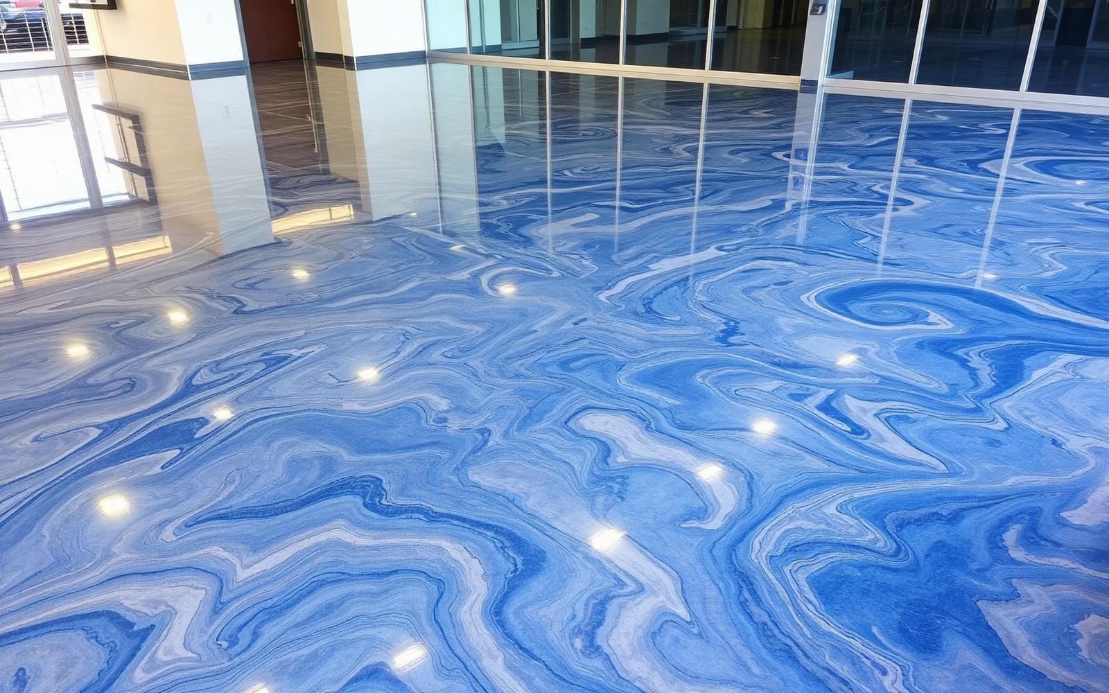 Finished blue and silver metallic epoxy floor with a swirled marbled pattern and mirror gloss