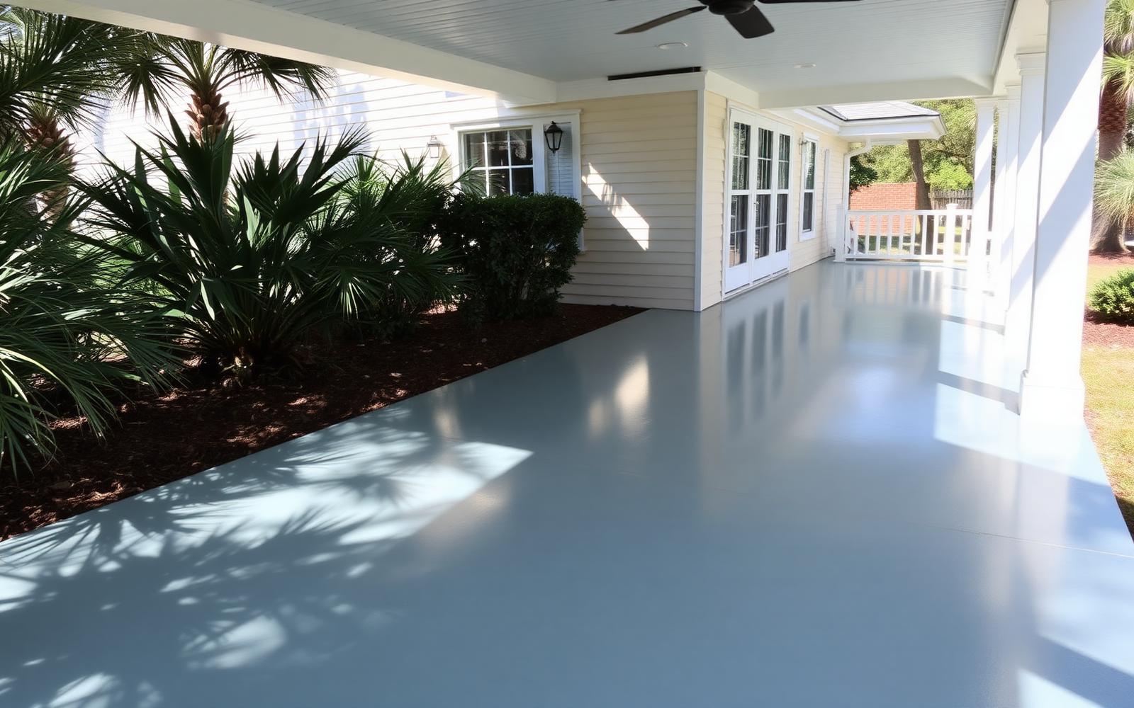 Finished polyaspartic-coated covered patio floor with a satin sheen at a coastal South Carolina home