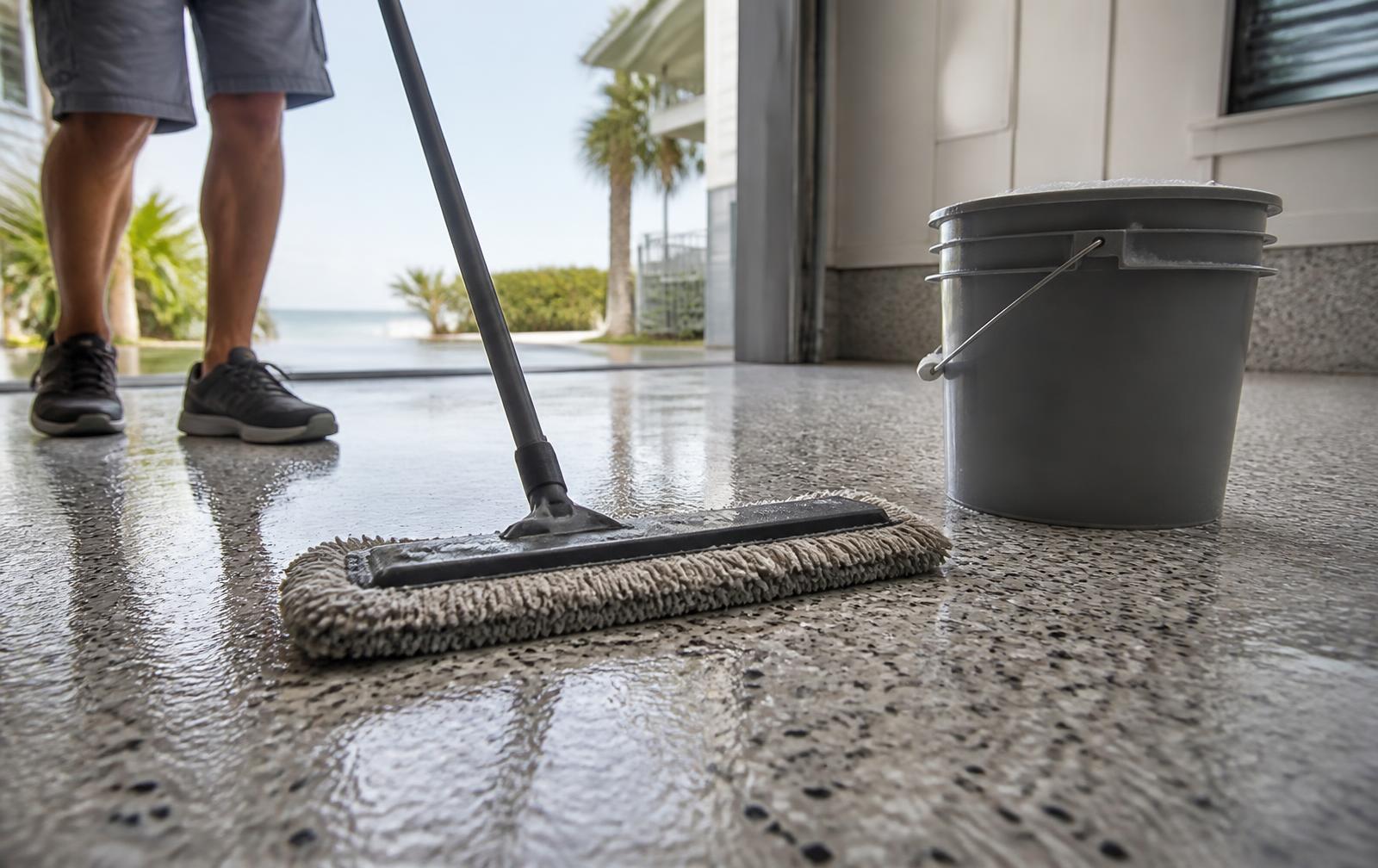 Microfiber mop and bucket of neutral cleaner on a glossy decorative flake garage floor