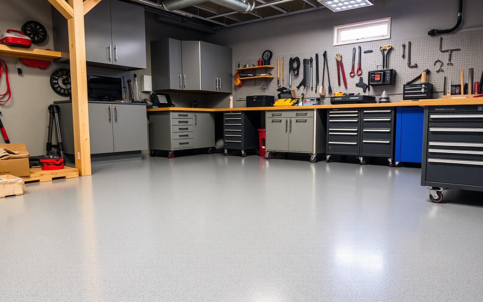 Finished gray flake-coated workshop floor with workbench and rolling tool cabinets