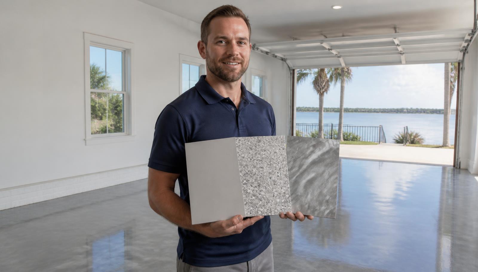 Installer in a navy polo comparing solid color, flake, and metallic epoxy sample boards