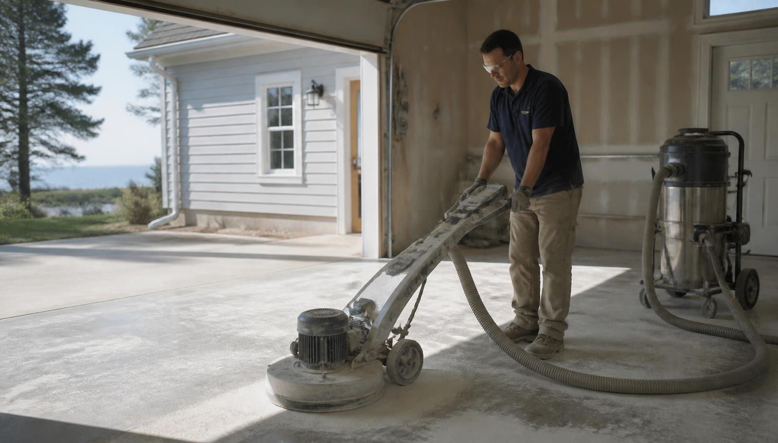 Worker diamond grinding a bare garage slab with a dust extraction vacuum